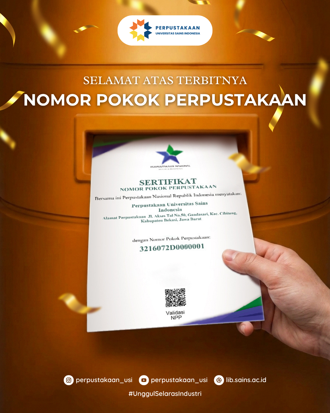 Sertifikat NPP Perpusnas RI untuk Universitas Sains Indonesia